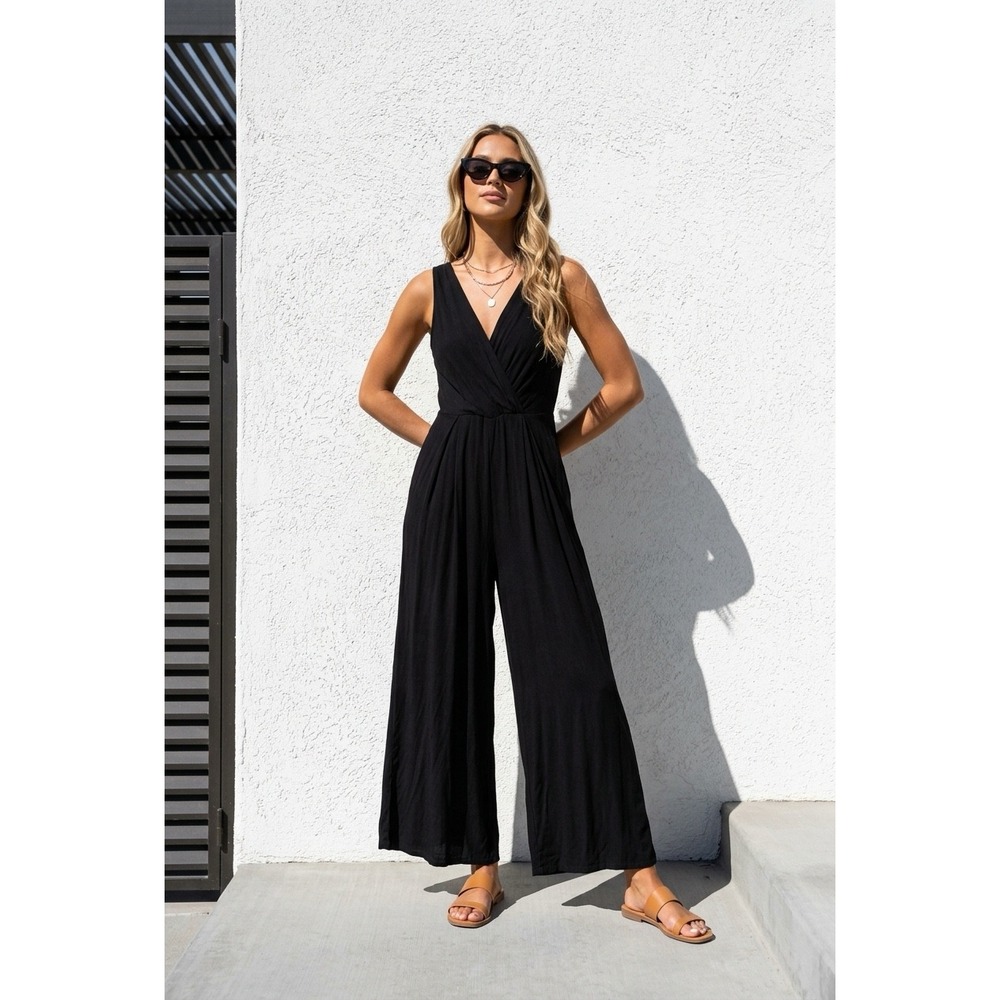 Final Touch Black Surplice V Neck Wide Leg Lounge Jumpsuit Rayon Modal Sz M
